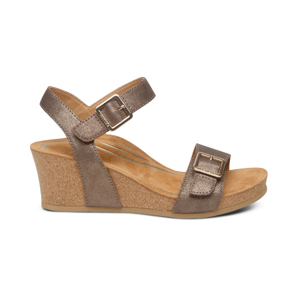 Aetrex Women's Lexa Quarter Strap Wedge Sandals - Bronze | USA KG4NENA